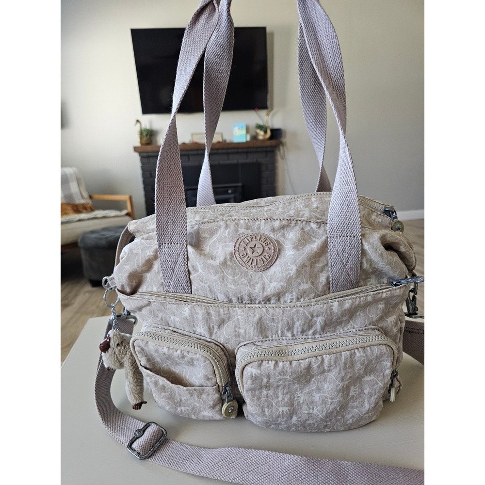 Kipling Defea Handbag Beige Monkey Print Nylon Crossbody Shoulder Bag